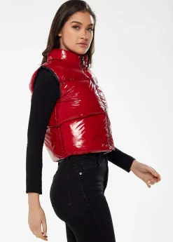 Women’s Wet Look Gilet in Red - Sleeveless, High Neck, Zip Closure, Cropped Fit, Regular Fit, Perfect for Cold Days.