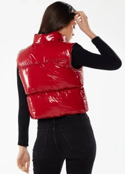 Women’s Wet Look Gilet in Red - Sleeveless, High Neck, Zip Closure, Cropped Fit, Regular Fit, Perfect for Cold Days.