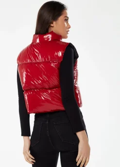 Women’s Wet Look Gilet in Red - Sleeveless, High Neck, Zip Closure, Cropped Fit, Regular Fit, Perfect for Cold Days.