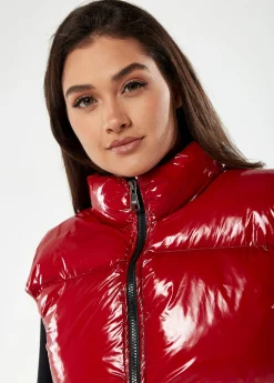 Women’s Wet Look Gilet in Red - Sleeveless, High Neck, Zip Closure, Cropped Fit, Regular Fit, Perfect for Cold Days.