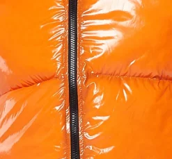Women's Wet Look Gilet in Orange - Sleeveless, High Neck, Zip Closure, Cropped Fit, Regular Fit, Available in Classic and Bright Colours.