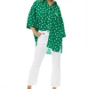 Women's White Heart Print Shirt in Green - Short sleeves, oversized fit, heart-shaped buttons, button-up front, collar.