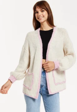 Women's White Mohair Knitted Cardigan with Pockets, Relaxed Fit, Contrast Trim, Luxurious Style by Liquorish