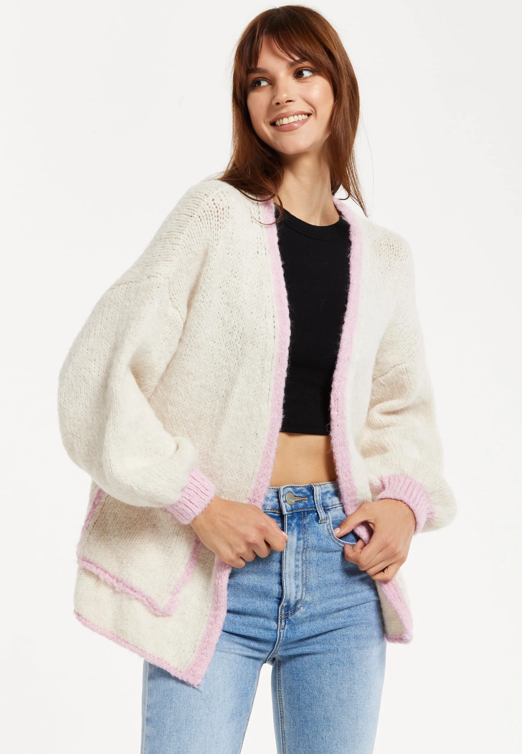 Women's White Mohair Knitted Cardigan with Pockets, Relaxed Fit, Contrast Trim, Luxurious Style by Liquorish
