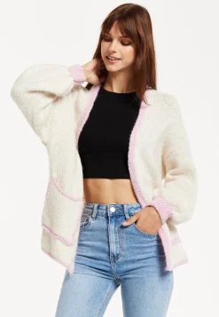Women's White Mohair Knitted Cardigan with Pockets, Relaxed Fit, Contrast Trim, Luxurious Style by Liquorish