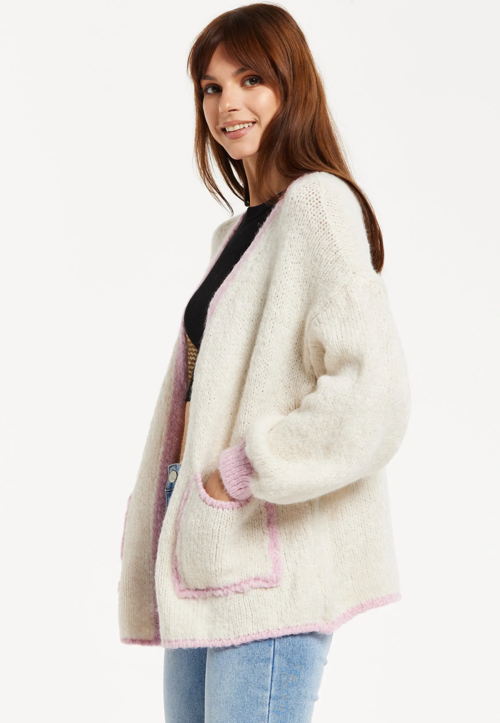 Women's White Mohair Knitted Cardigan with Pockets, Relaxed Fit, Contrast Trim, Luxurious Style by Liquorish