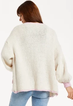 Women's White Mohair Knitted Cardigan with Pockets, Relaxed Fit, Contrast Trim, Luxurious Style by Liquorish