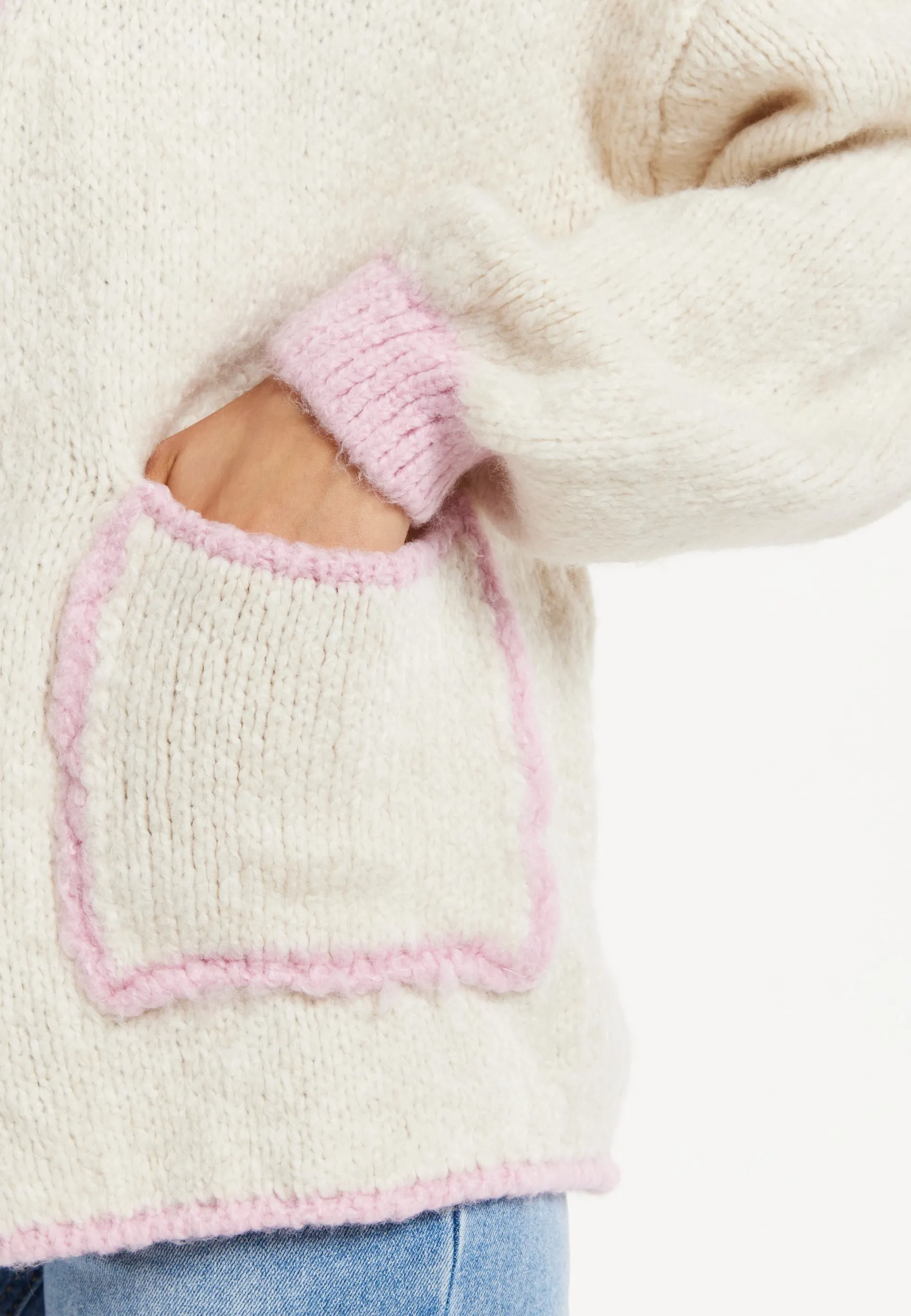 Women's White Mohair Knitted Cardigan with Pockets, Relaxed Fit, Contrast Trim, Luxurious Style by Liquorish