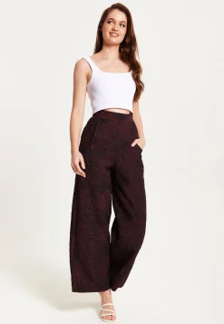 Women’s Wine Printed High Waist Wide Leg Trousers with Front Buttons and Pockets, Fits Small to Size – Liquorish