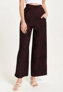 Women’s Wine Printed High Waist Wide Leg Trousers with Front Buttons and Pockets, Fits Small to Size – Liquorish