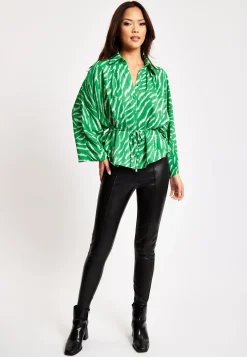 Women's Zebra Print Shirt with Long Sleeves, Tie Waist, Button-Up Front, Regular Fit, and Shirt Collar