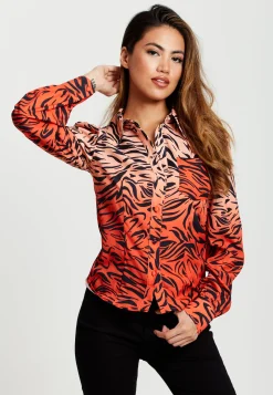 Women's Zebra Print Shirt With Accentuated 70's Collar Detail In Orange And Nude - Long Sleeves, Side Pocket