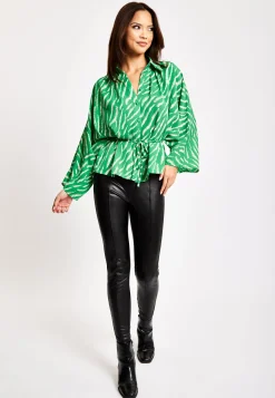 Women's Zebra Print Shirt with Long Sleeves, Tie Waist, Button-Up Front, Regular Fit, and Shirt Collar