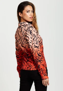 Women's Zebra Print Shirt With Accentuated 70's Collar Detail In Orange And Nude - Long Sleeves, Side Pocket