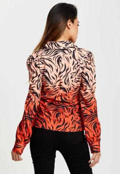 Women's Zebra Print Shirt With Accentuated 70's Collar Detail In Orange And Nude - Long Sleeves, Side Pocket