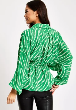 Women's Zebra Print Shirt with Long Sleeves, Tie Waist, Button-Up Front, Regular Fit, and Shirt Collar