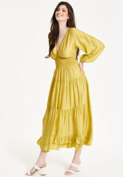 Yellow Smocked Waist Midi Dress