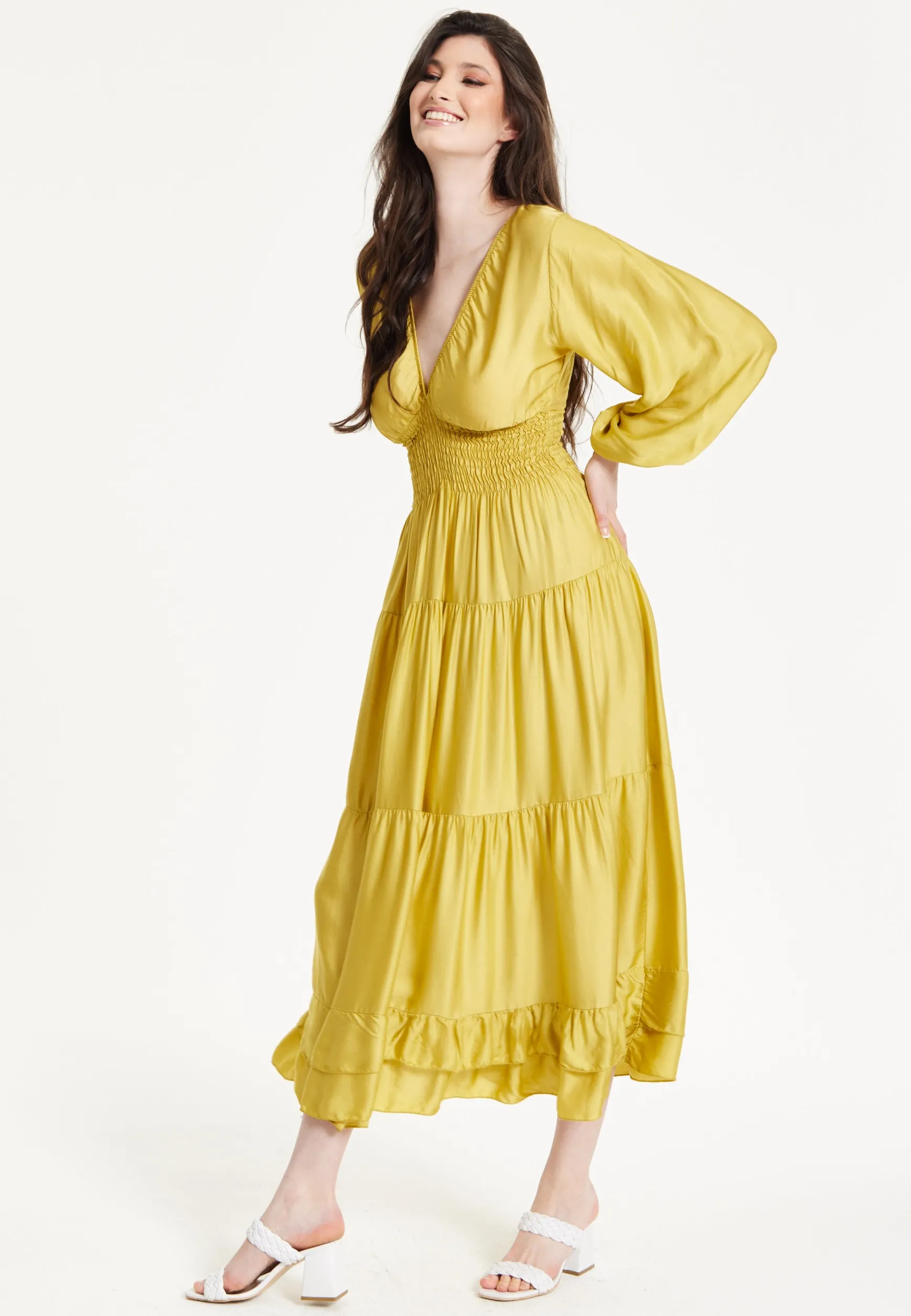 Yellow Smocked Waist Midi Dress
