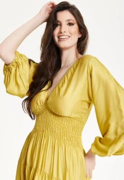 Yellow Smocked Waist Midi Dress