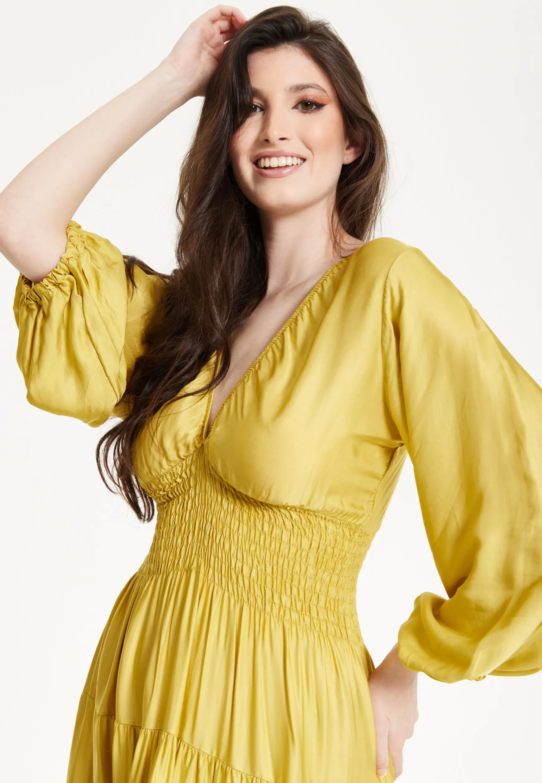 Yellow Smocked Waist Midi Dress