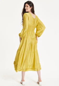 Yellow Smocked Waist Midi Dress