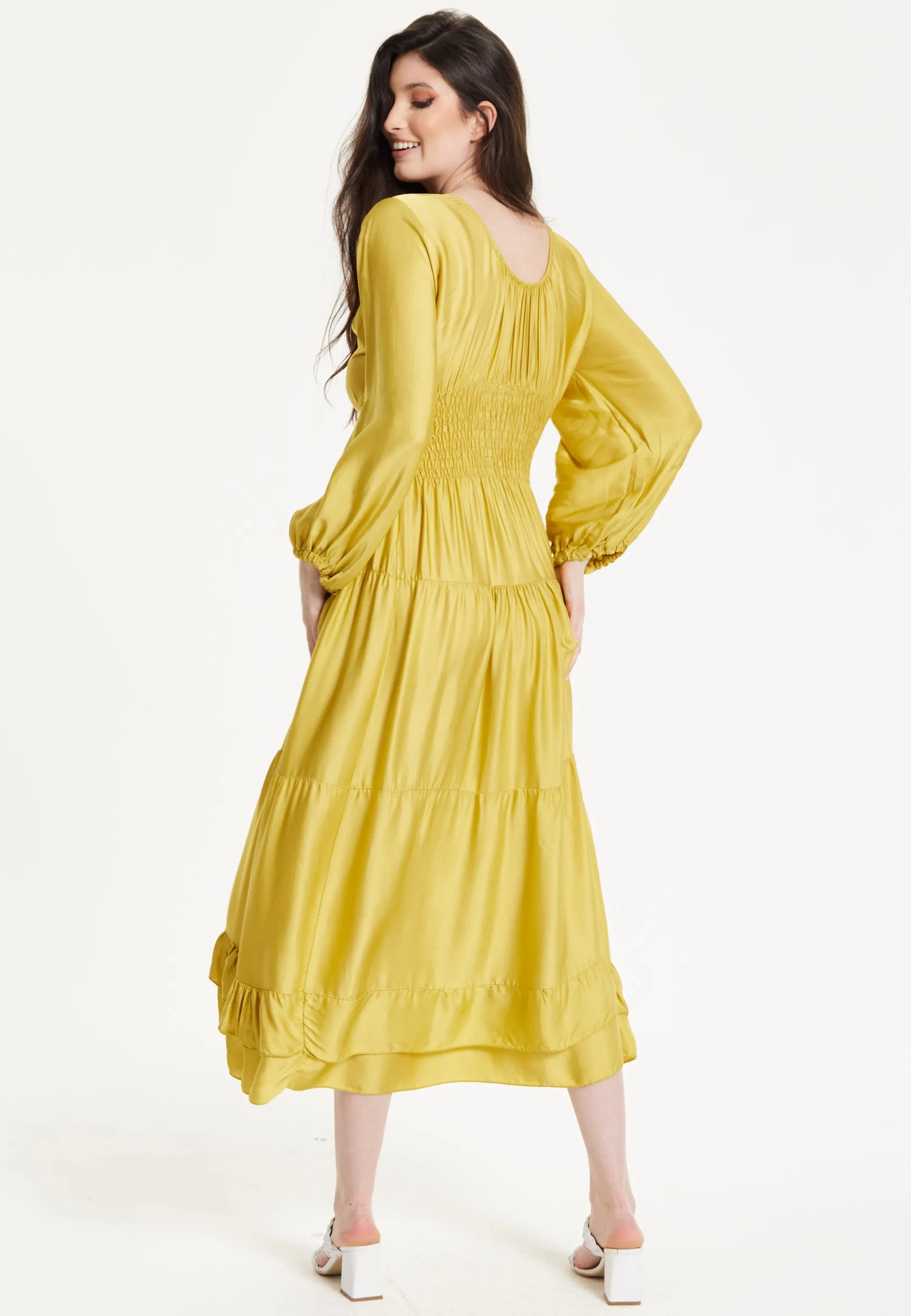 Yellow Smocked Waist Midi Dress